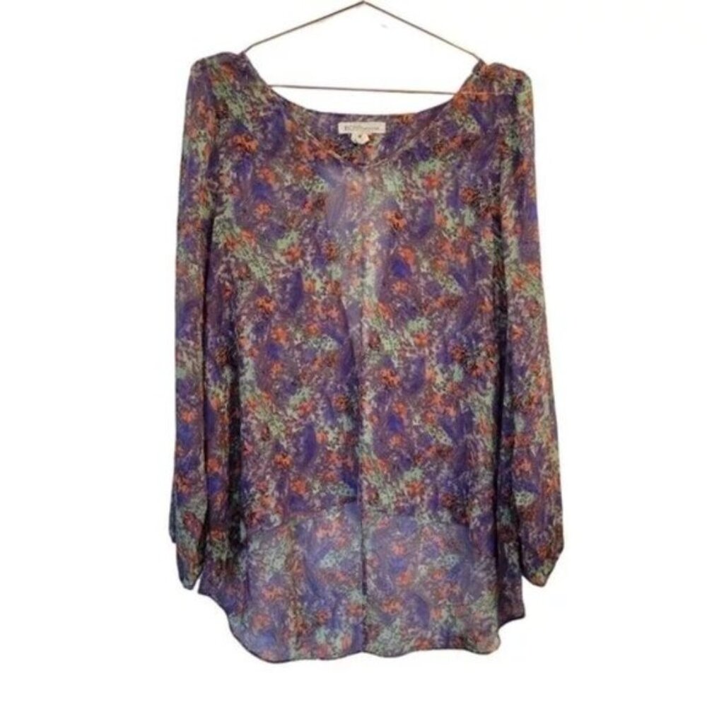 BCBG Generation Sheer Multicolor Water Color Cut Out Back High Low Blouse